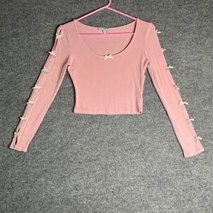 Pretty Garbage Pink Ribbed Bow Sleeve Crop Top XS‎ Coquette Balletcore